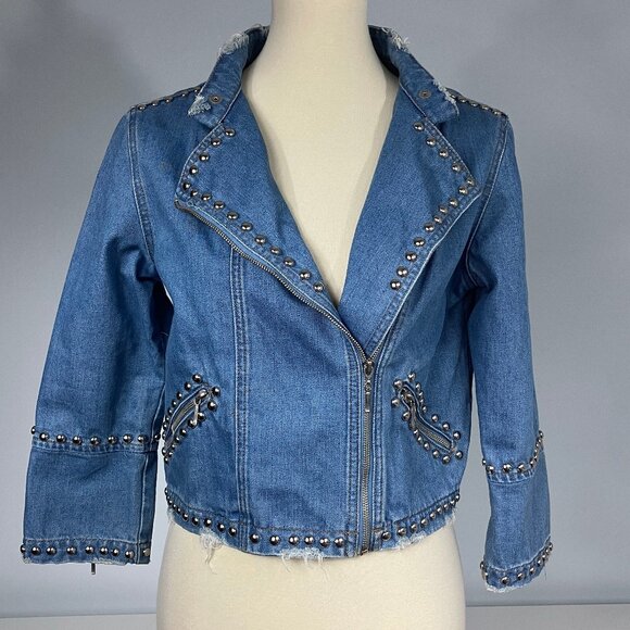 Fernanda Farah Snake Patch Denim Crop Moto Jacket Embroidered Studded Medium - Picture 4 of 14